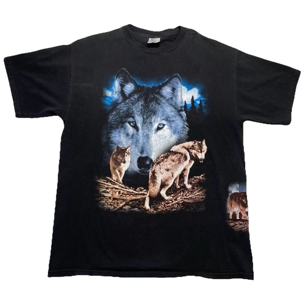 Wolf Pack Wolves Men's XL T-Shirt Black Double Sided Howling Moon Vintage